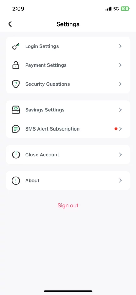 Opay mobile app Settings screen